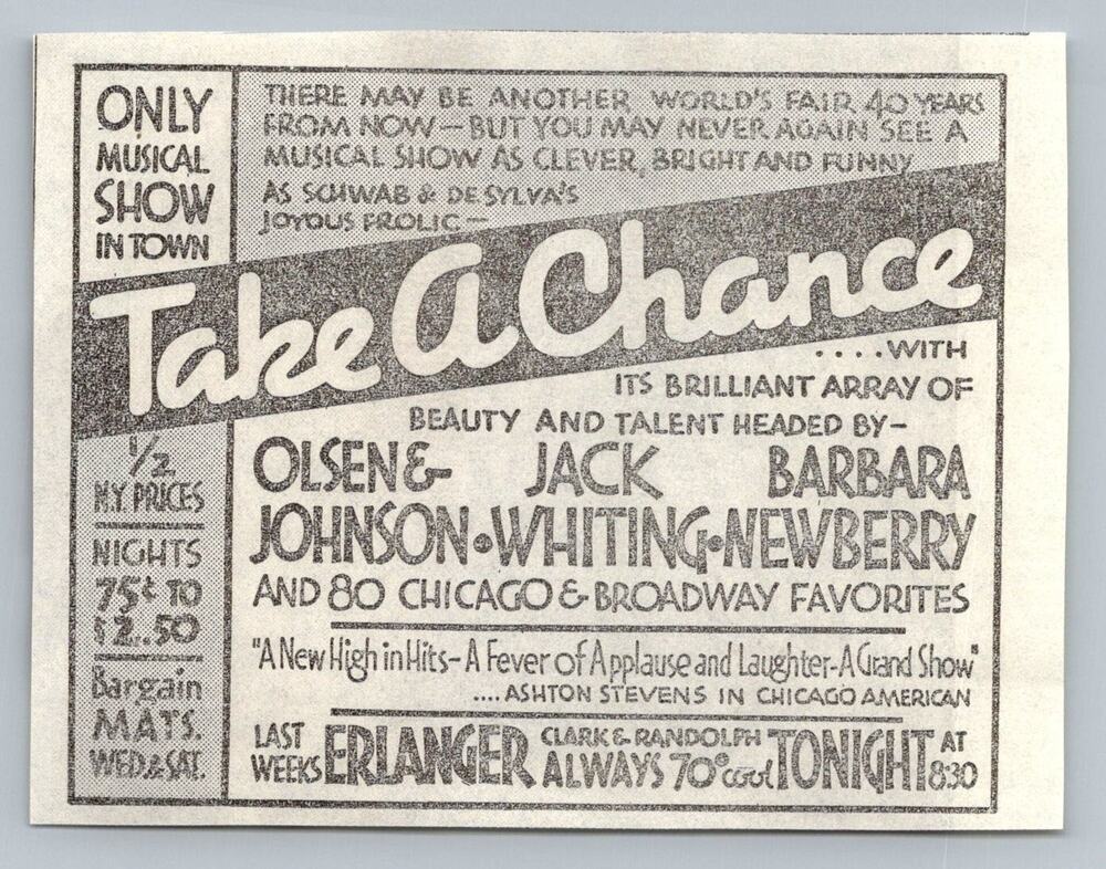 1933 Take A Chance Musical Ad Olsen & Johnson Jack Whiting Erlanger Theater